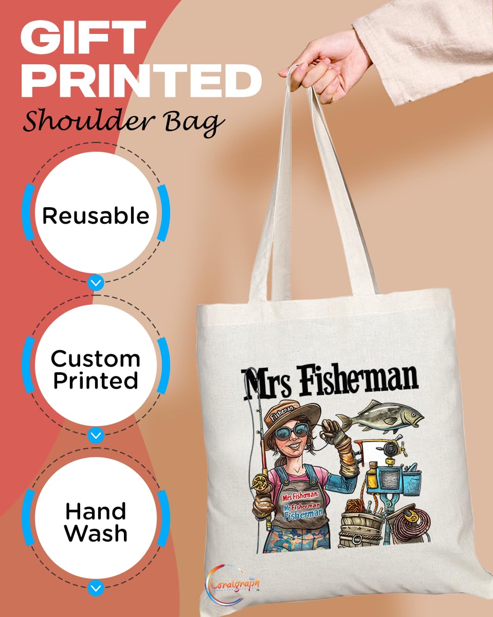 TB1870 Mrs Fisherman Tote Bag - Gift for Female Fishermen, Anglers, Fishing Enthusiasts - Durable, Stylish, Eco-Friendly, Reusable, Spacious, and Lightweight