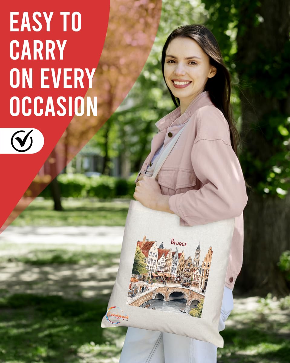 Natural Reusable Shopping Souvenir Tote Bag Featuring Popular Cities and Capitals from Europe and Around the World (Bruges)