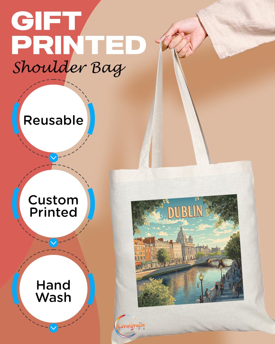 Natural Reusable Shopping Souvenir Tote Bag Featuring Cities and Landmarks in United Kingdom (Dublin)