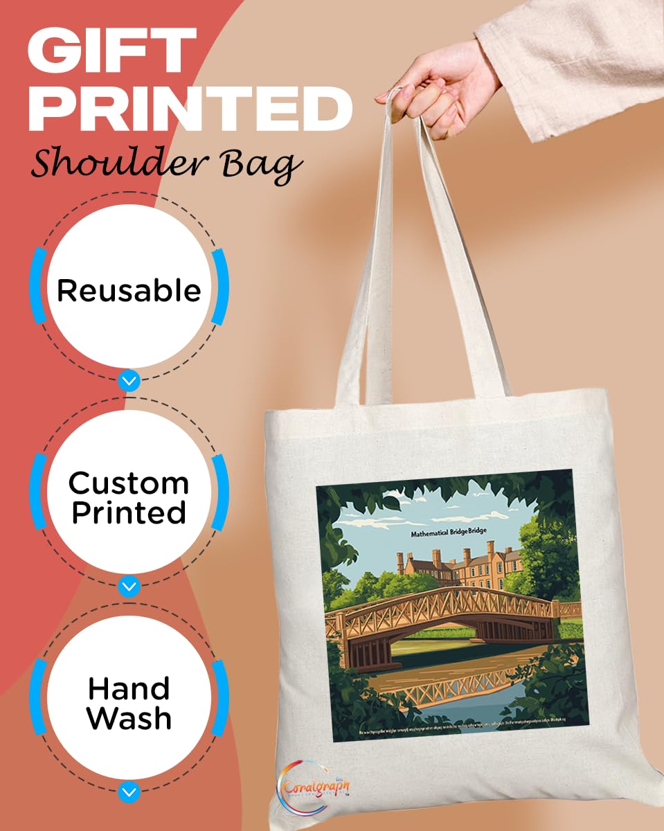 Natural Reusable Shopping Souvenir Tote Bag Featuring Cities and Landmarks in United Kingdom (Cambridge Mathematical Bridge)