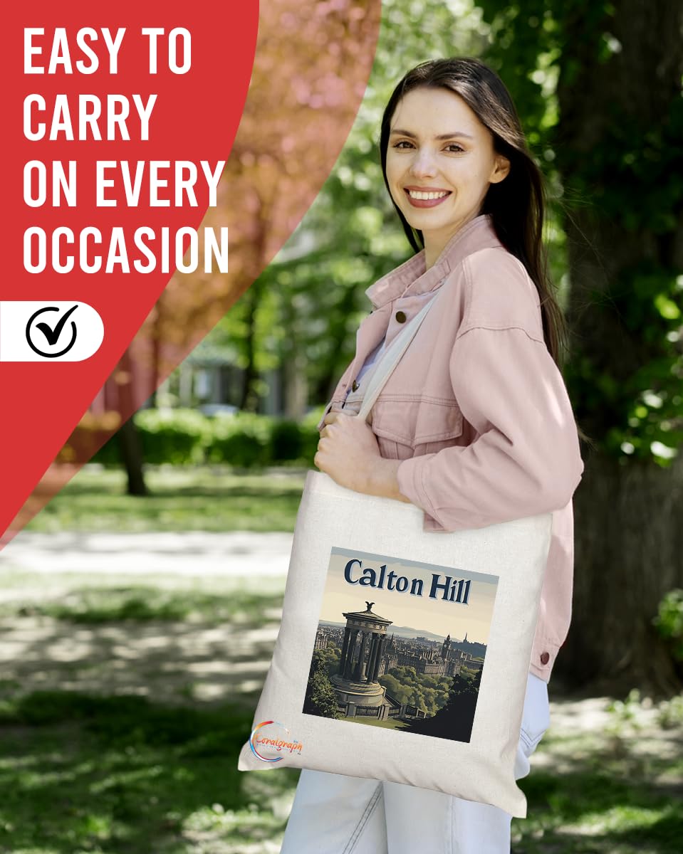 Natural Reusable Shopping Souvenir Tote Bag Featuring Cities and Landmarks in United Kingdom (Calton Hill)