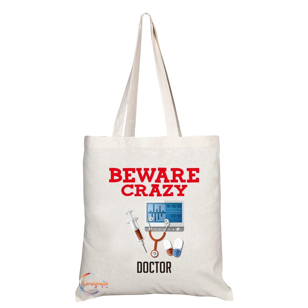 TB334 Beware Crazy Doctor Novelty Present Gift Printed Eco-Friendly Stylish Long Handled Tote Shoulder Bag