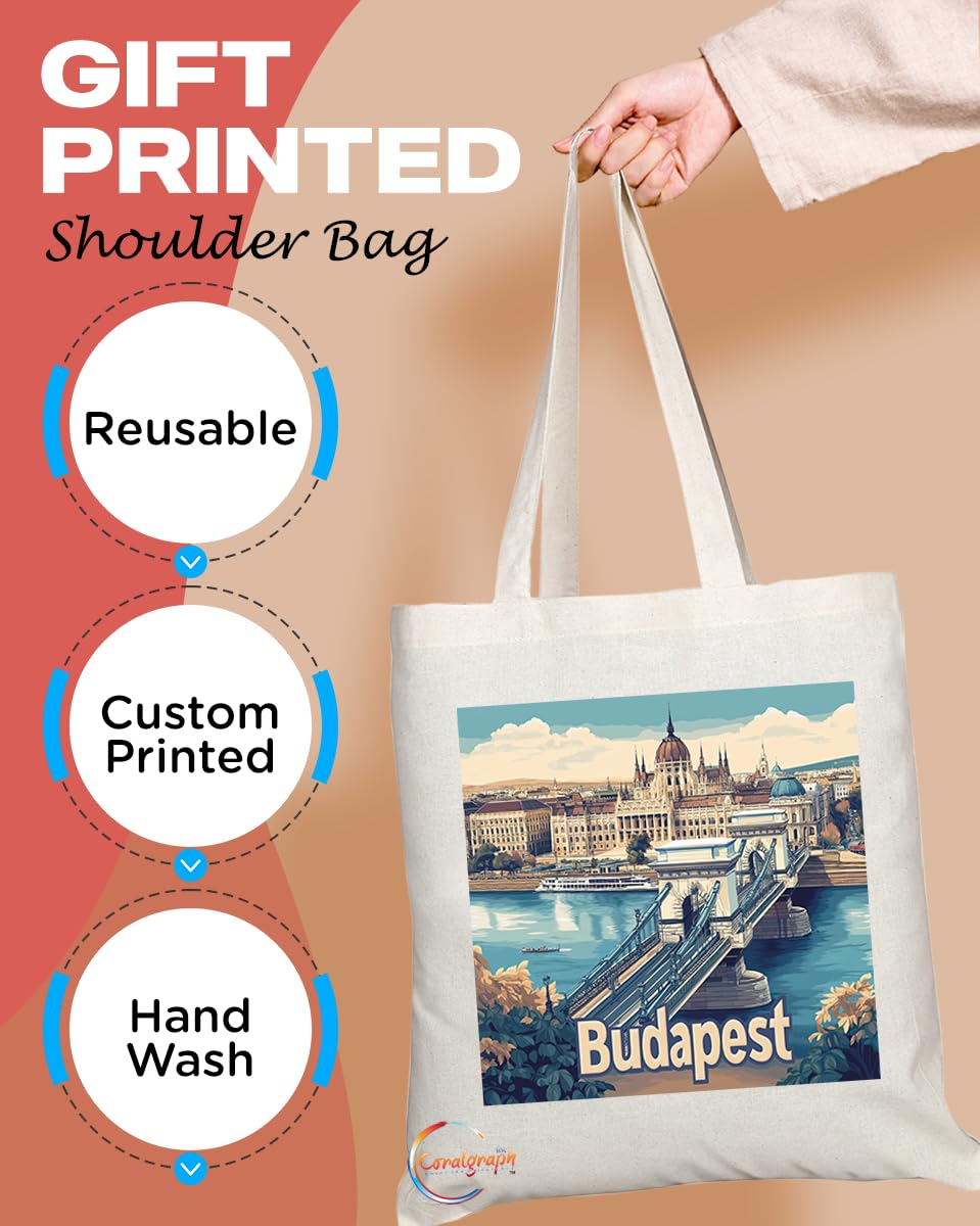 Natural Reusable Shopping Souvenir Tote Bag Featuring Popular Cities and Capitals from Europe and Around the World (Budapest)