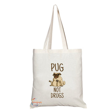 TB089 PUG! NOT DRUGS Novelty Present Gift Printed Eco-Friendly Stylish Long Handled Tote Shoulder Bag