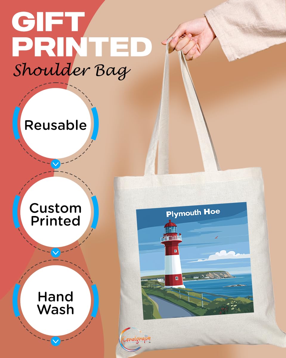 Natural Reusable Shopping Souvenir Tote Bag Featuring Cities and Landmarks in United Kingdom (Plymouth)