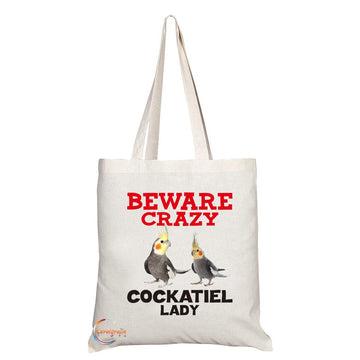 TB396 Beware Crazy Cockatiel Lady Novelty Present Gift Printed Eco-Friendly Stylish Long Handled Tote Shoulder Bag