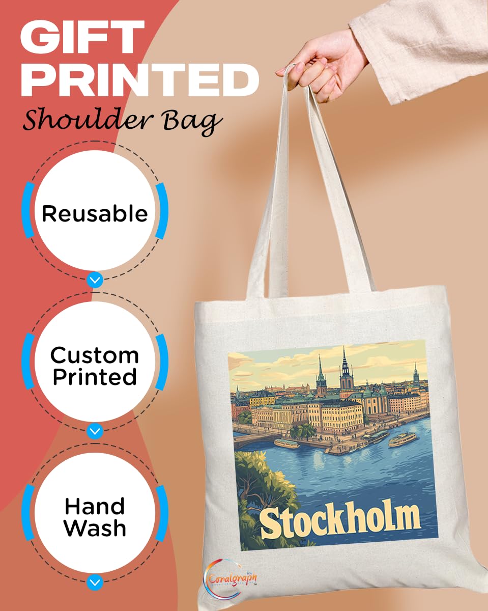Natural Reusable Shopping Souvenir Tote Bag Featuring Popular Cities and Capitals from Europe and Around the World (Stockholm)