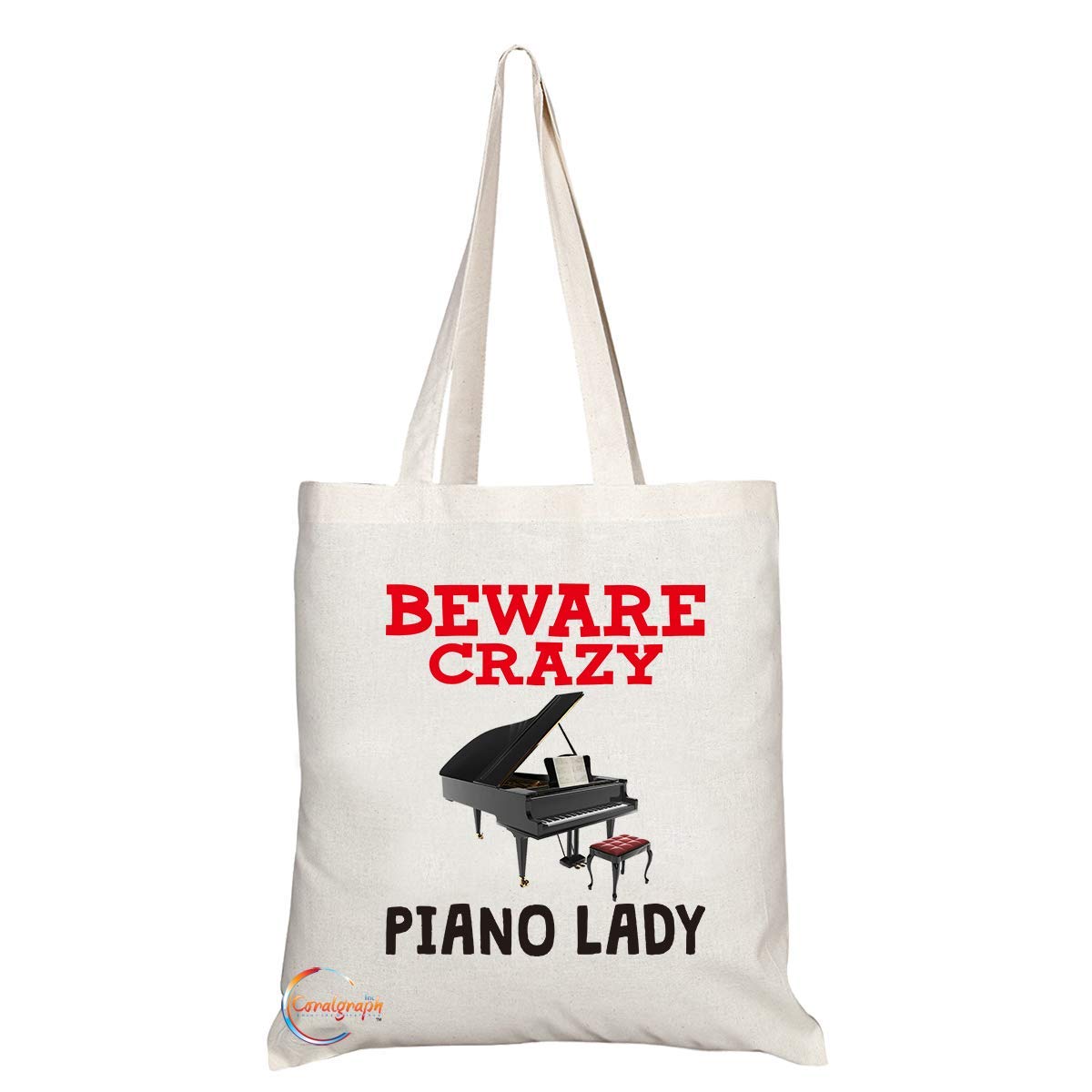 TB343 Beware Crazy Piano Lady Novelty Present Gift Printed Eco-Friendly Stylish Long Handled Tote Shoulder Bag