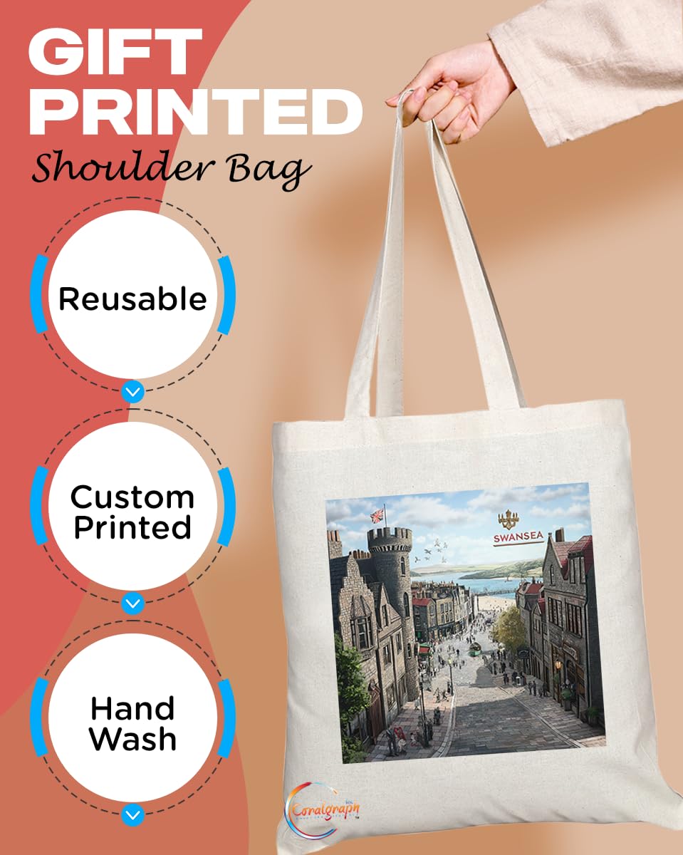 Natural Reusable Shopping Souvenir Tote Bag Featuring Cities and Landmarks in United Kingdom (Swansea)