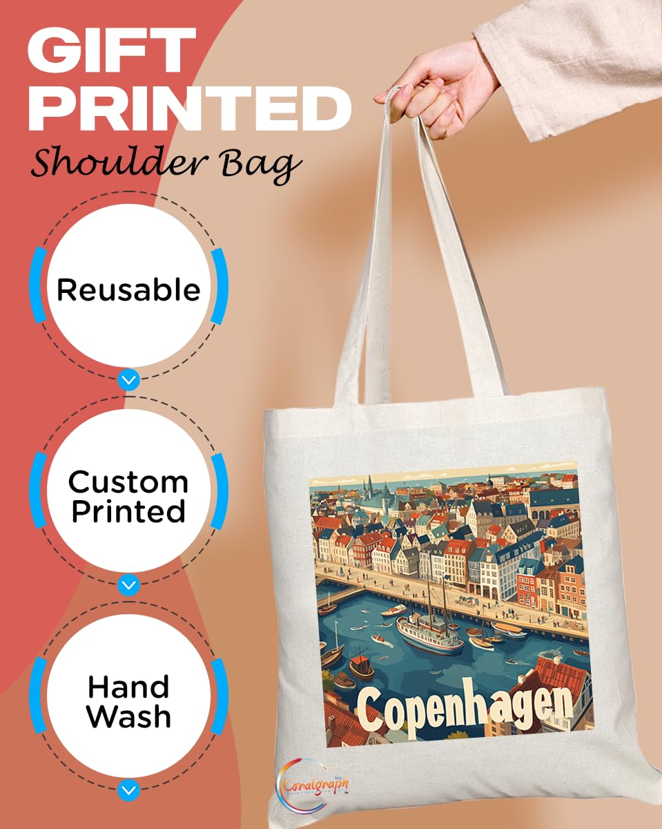 Natural Reusable Shopping Souvenir Tote Bag Featuring Popular Cities and Capitals from Europe and Around the World (Copenhagen)