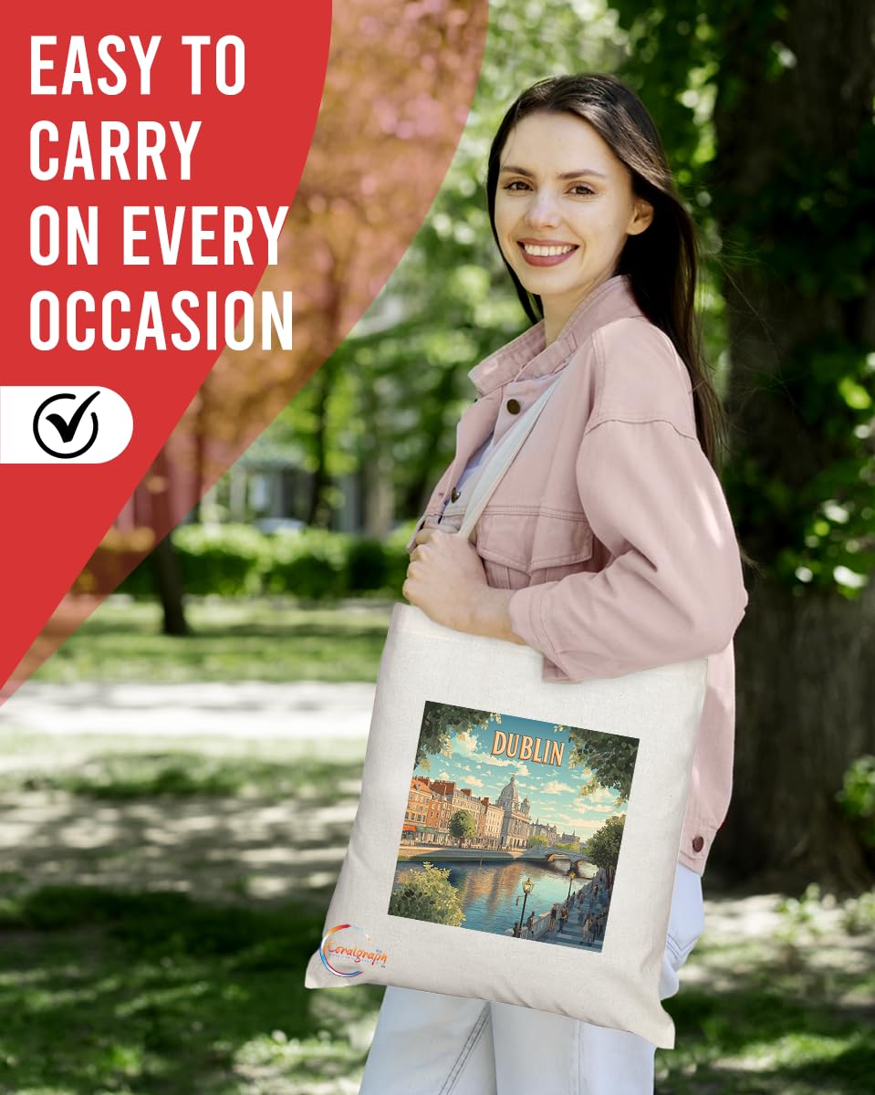 Natural Reusable Shopping Souvenir Tote Bag Featuring Cities and Landmarks in United Kingdom (Dublin)