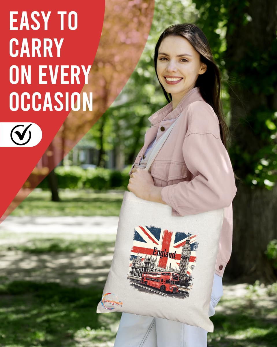 TB2043 - Natural Reusable Shopping Souvenir Tote Bag Featuring England - (Design 6)
