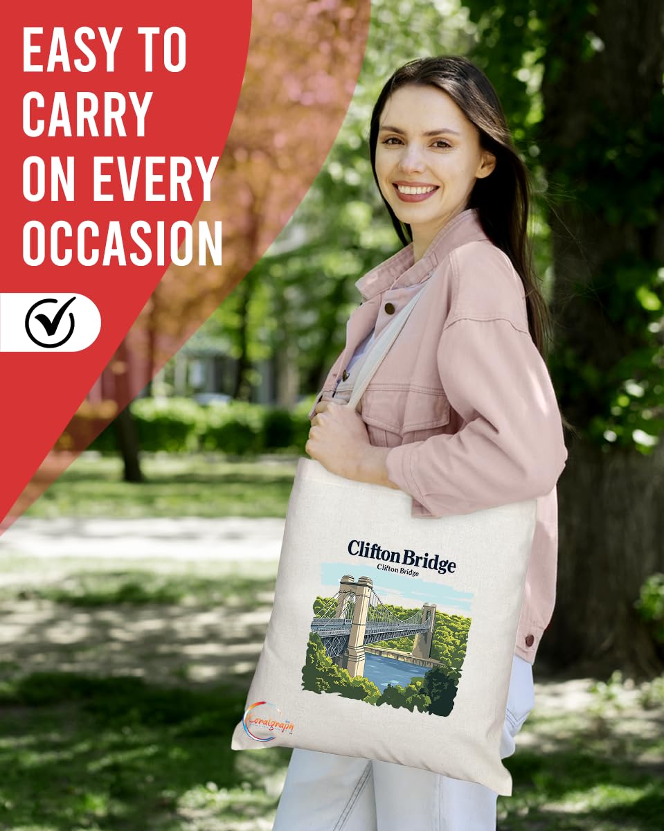 Natural Reusable Shopping Souvenir Tote Bag Featuring Cities and Landmarks in United Kingdom (Clifton Bridge)
