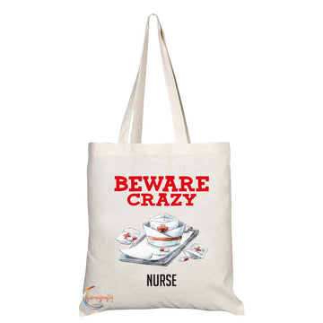 TB416 Beware Crazy Nurse Novelty Present Gift Printed Eco-Friendly Stylish Long Handled Tote Shoulder Bag