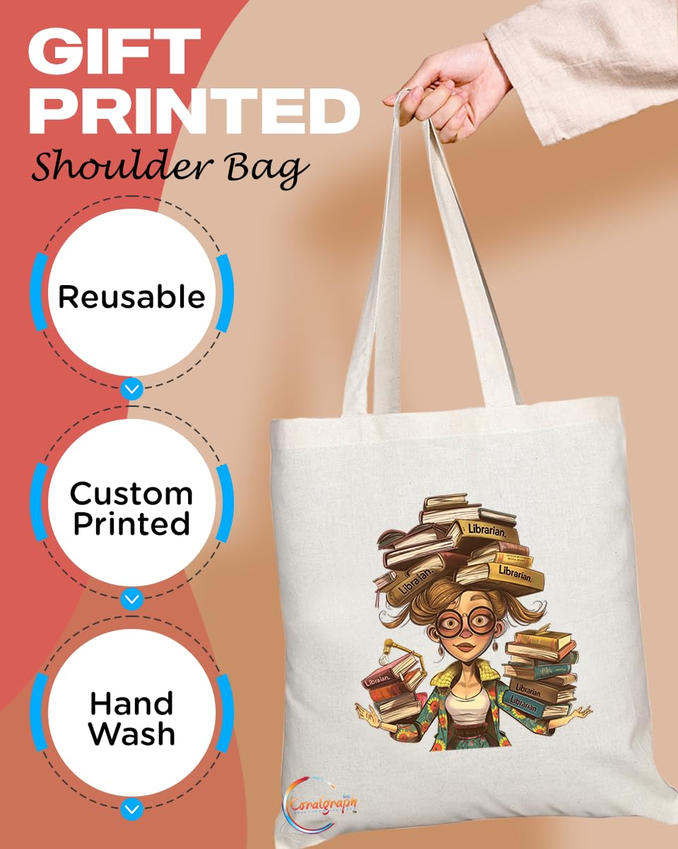 TB1964 Ms Librarian Souvenir Tote Bag - Depicting a Knowledgeable Librarian with Books - Memory Keepsake for Library and Book Lovers - Ms Librarian Memorabilia