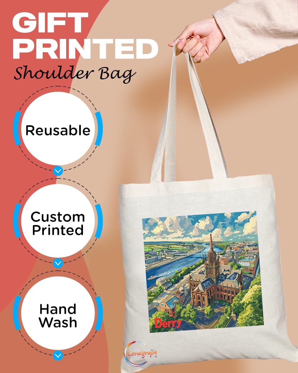 Natural Reusable Shopping Souvenir Tote Bag Featuring Cities and Landmarks in United Kingdom (Derry)
