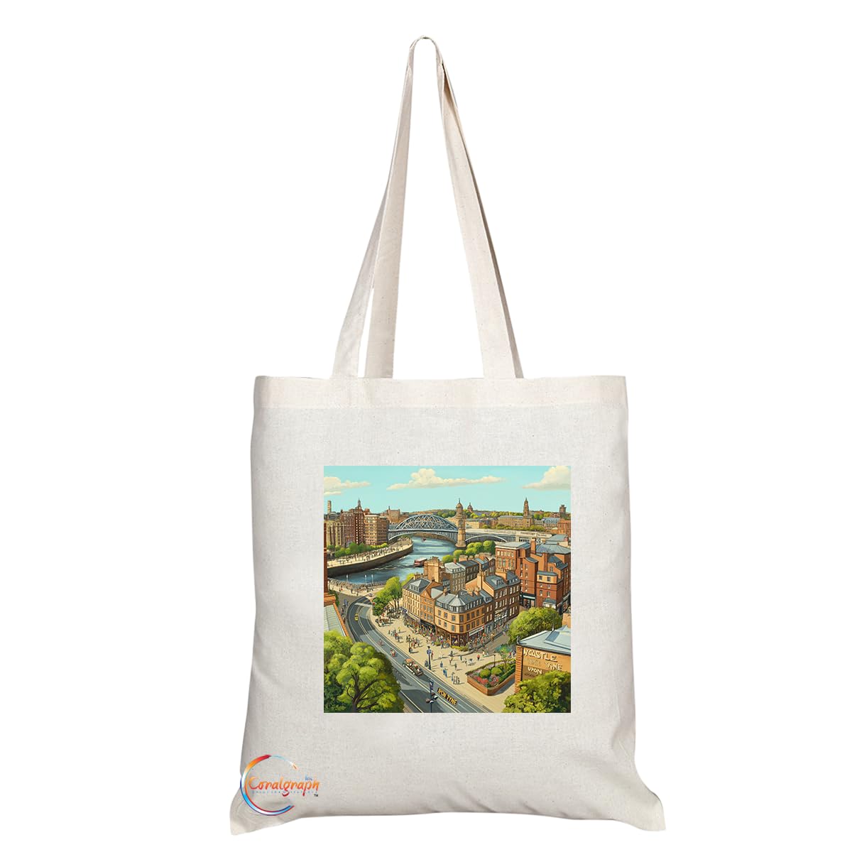 Natural Reusable Shopping Souvenir Tote Bag Featuring Cities and Landmarks in United Kingdom (Newcastle Upon Tyne)