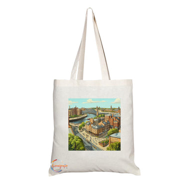 Natural Reusable Shopping Souvenir Tote Bag Featuring Cities and Landmarks in United Kingdom (Newcastle Upon Tyne)