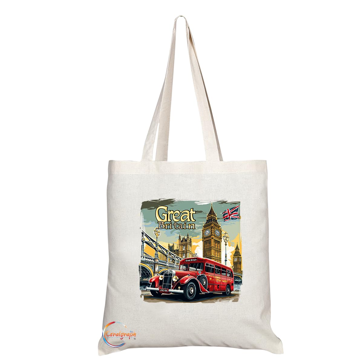 TB2053 - Natural Reusable Shopping Souvenir Tote Bag Featuring Great Britain - (Design 10)