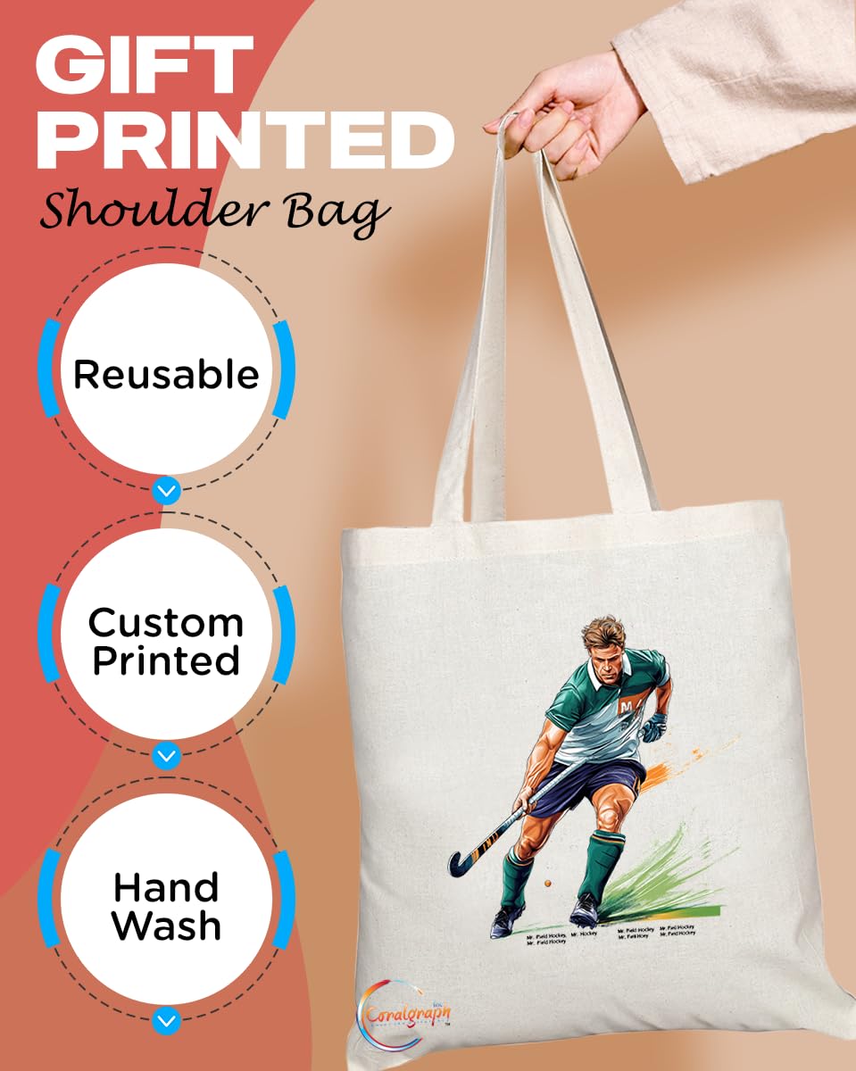 Natural Reusable Shopping Souvenir Tote Bag Featuring Popular Sports Designs from Around the World (Field Hockey)