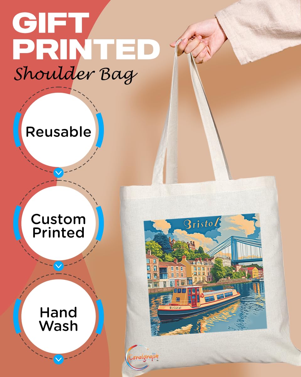 Natural Reusable Shopping Souvenir Tote Bag Featuring Cities and Landmarks in United Kingdom (Bristol City)