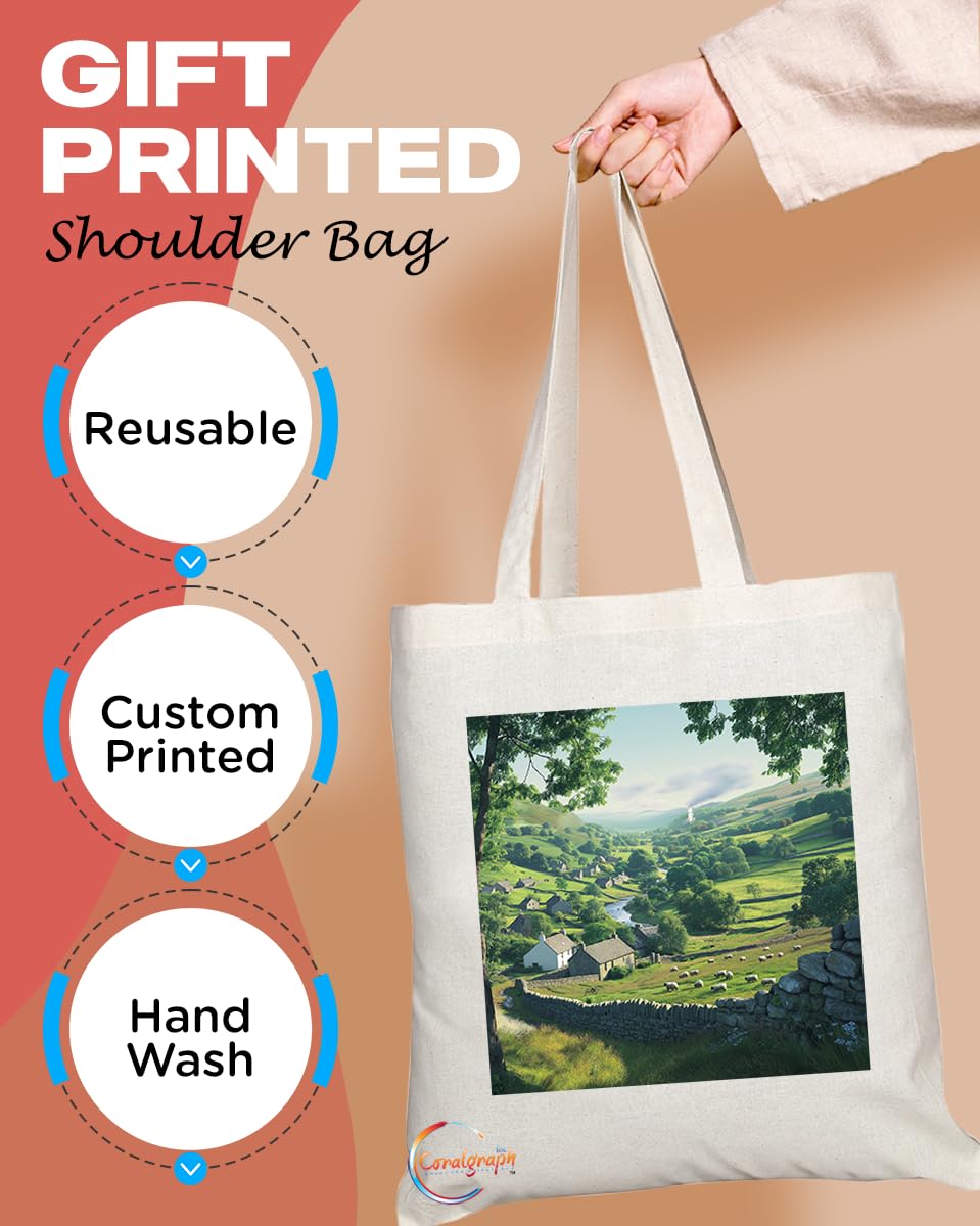 Natural Reusable Shopping Souvenir Tote Bag Featuring Cities and Landmarks in United Kingdom (Yorkshire Dales)