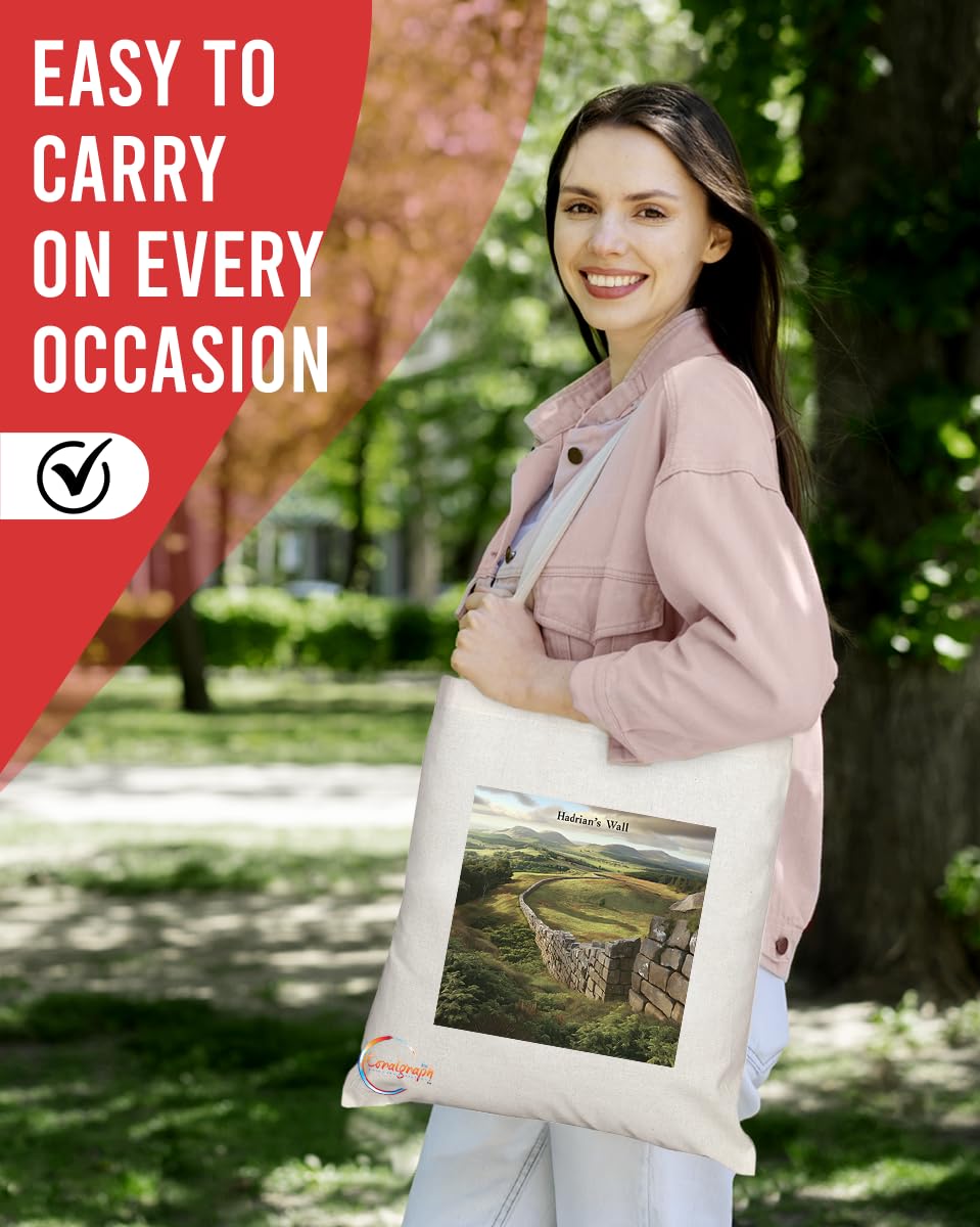 Natural Reusable Shopping Souvenir Tote Bag Featuring Cities and Landmarks in United Kingdom (Hadrian's Wall)