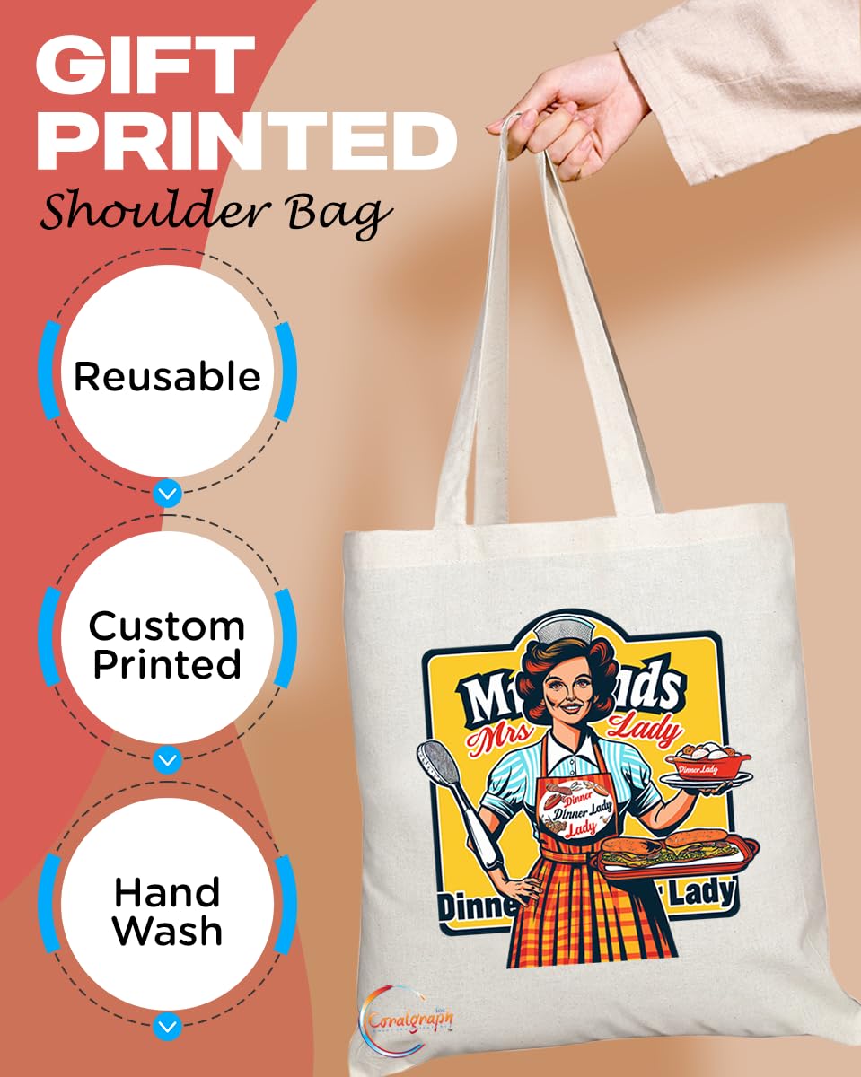 TB1814 Mrs Dinner Lady Tote Bag - Gift for School Cooks, Cafeteria Staff, Food Service Workers - Durable, Stylish, Eco-Friendly, Reusable, Spacious, and Lightweight
