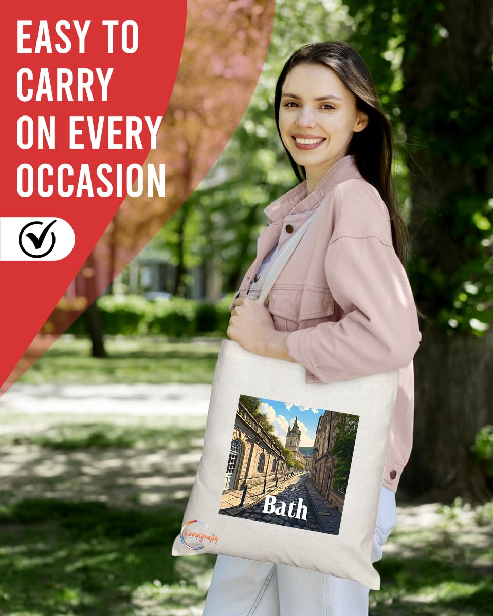 Natural Reusable Shopping Souvenir Tote Bag Featuring Cities and Landmarks in United Kingdom (Bath City)