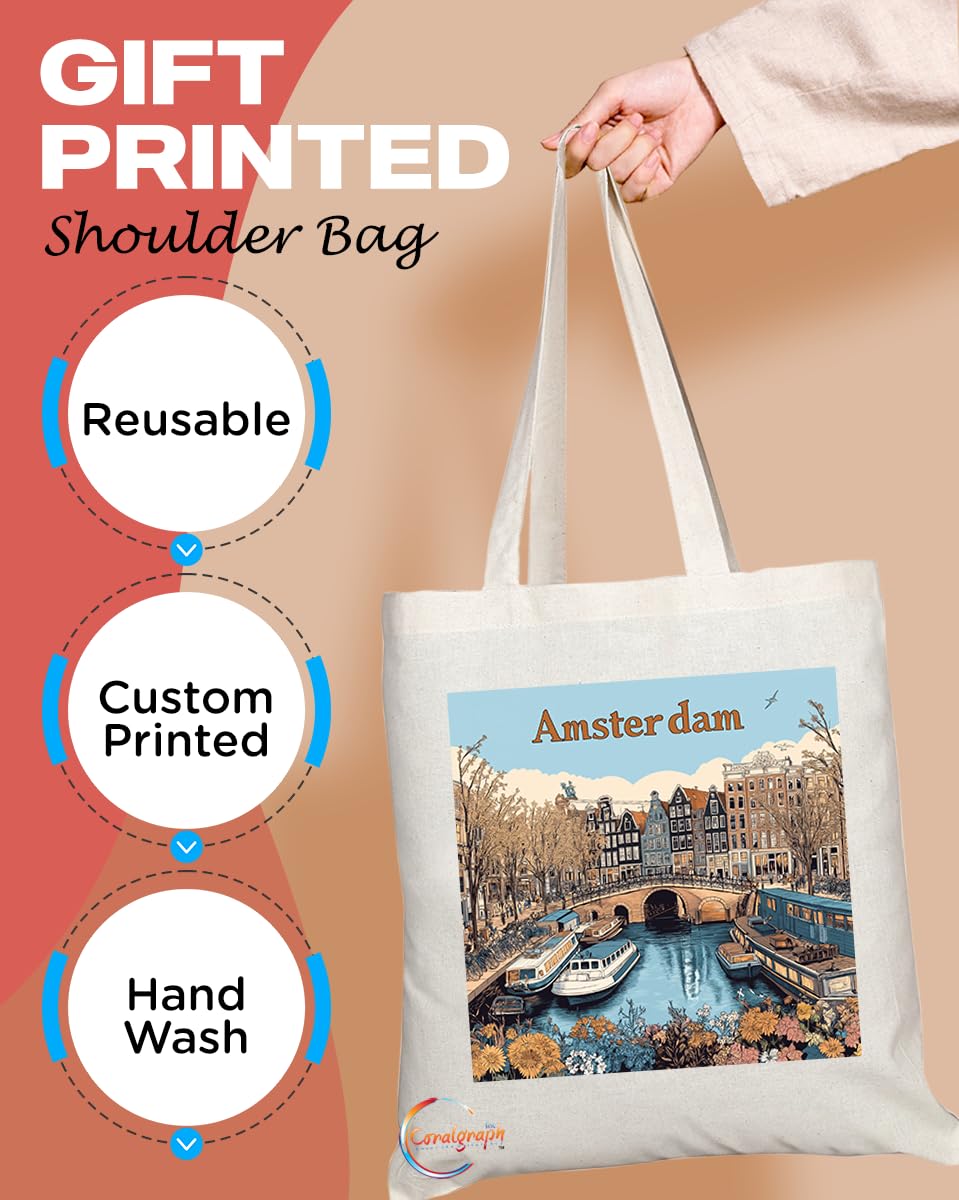 TB2100 - Natural Reusable Shopping Souvenir Tote Bag Featuring Amsterdam City Design