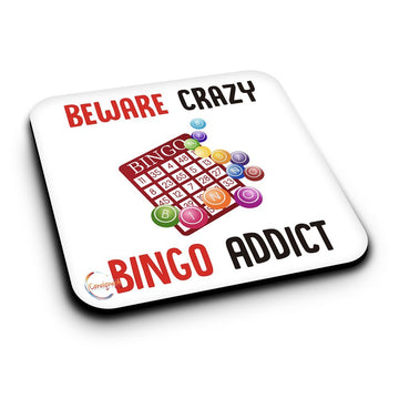 ER493 Beware Crazy Bingo Addict Novelty Present Gift Printed MDF Wooden Coaster