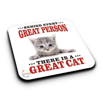 ER517 Behind Every Great Person There Is A Great Cat Novelty Present Gift Printed MDF Wooden Coaster