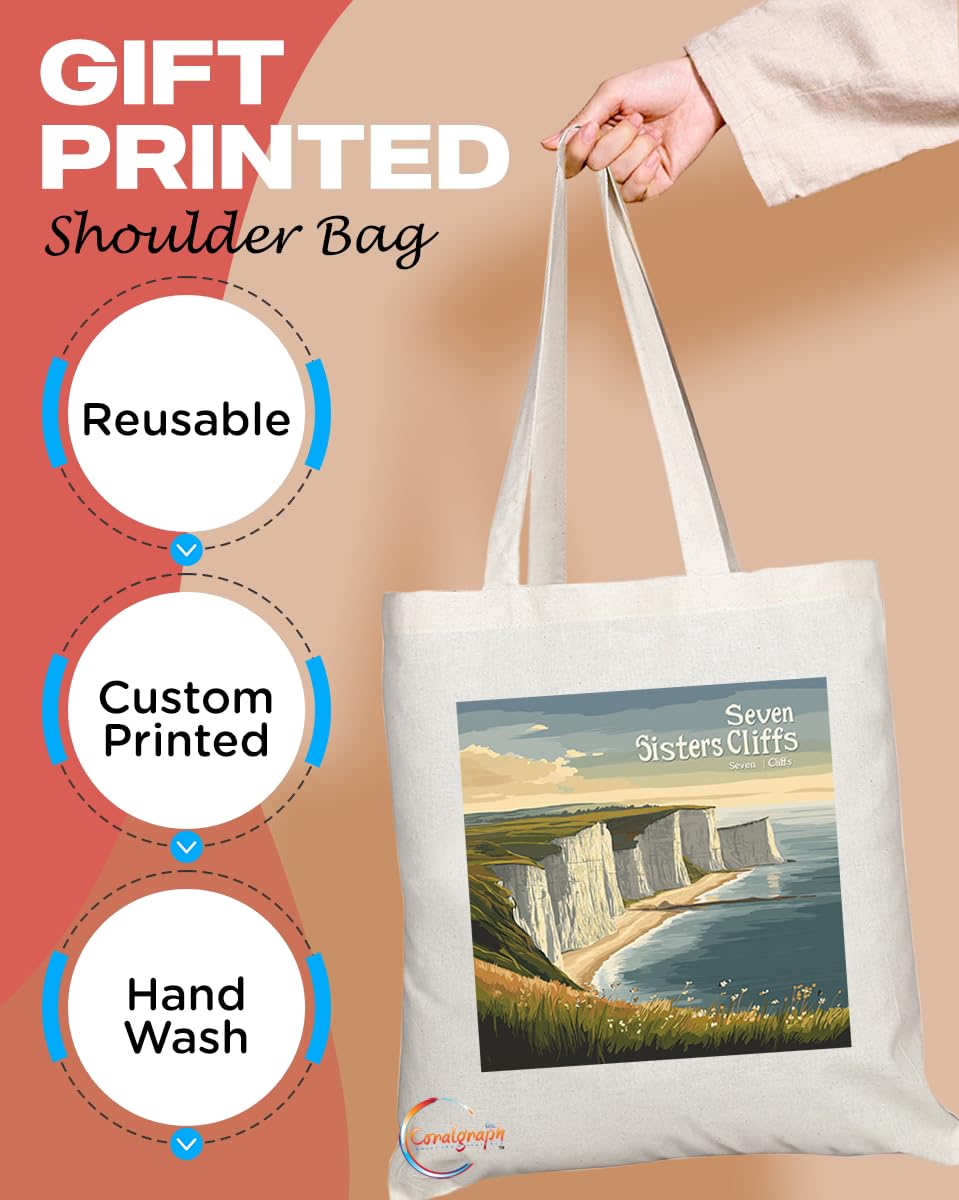 Natural Reusable Shopping Souvenir Tote Bag Featuring Cities and Landmarks in United Kingdom (Seven Sisters Cliff)