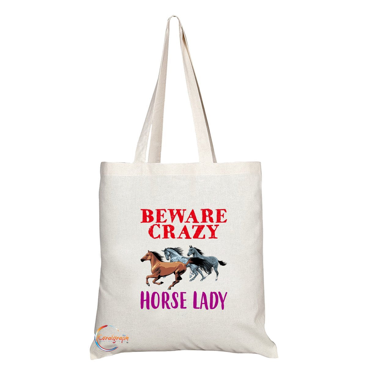 TB257 Beware Crazy Horse Lady (3 Horses) Novelty Present Gift Printed Eco-Friendly Stylish Long Handled Tote Shoulder Bag