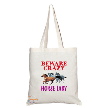TB257 Beware Crazy Horse Lady (3 Horses) Novelty Present Gift Printed Eco-Friendly Stylish Long Handled Tote Shoulder Bag