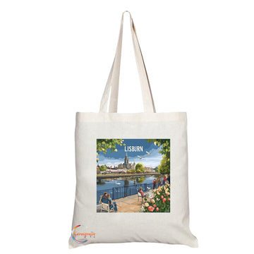 Natural Reusable Shopping Souvenir Tote Bag Featuring Cities and Landmarks in United Kingdom (Lisburn)