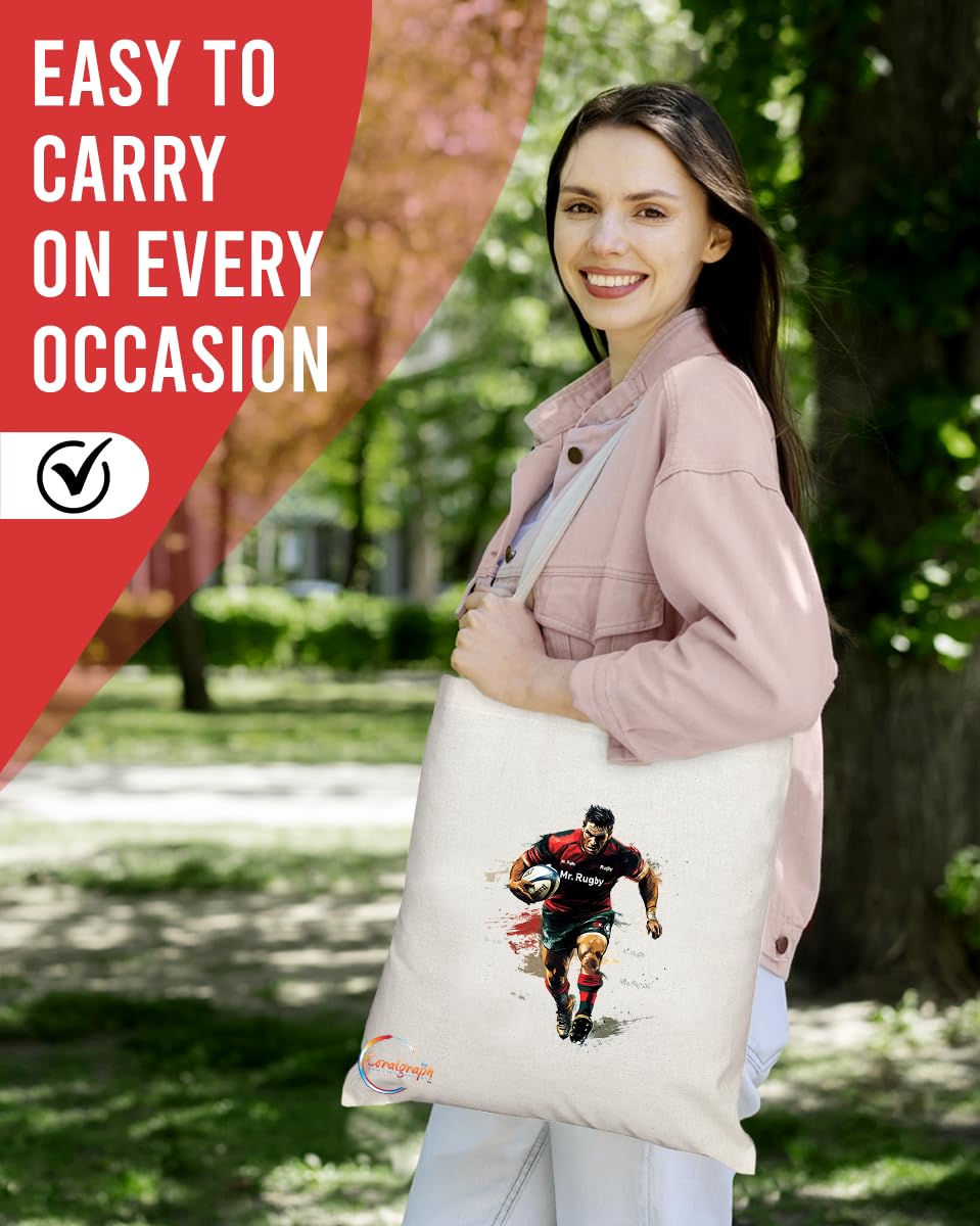 Natural Reusable Shopping Souvenir Tote Bag Featuring Popular Sports Designs from Around the World (Rugby)