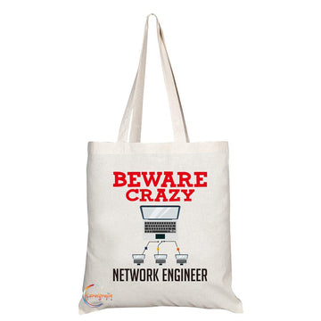 TB417 Beware Crazy Network Engineer Novelty Present Gift Printed Eco-Friendly Stylish Long Handled Tote Shoulder Bag