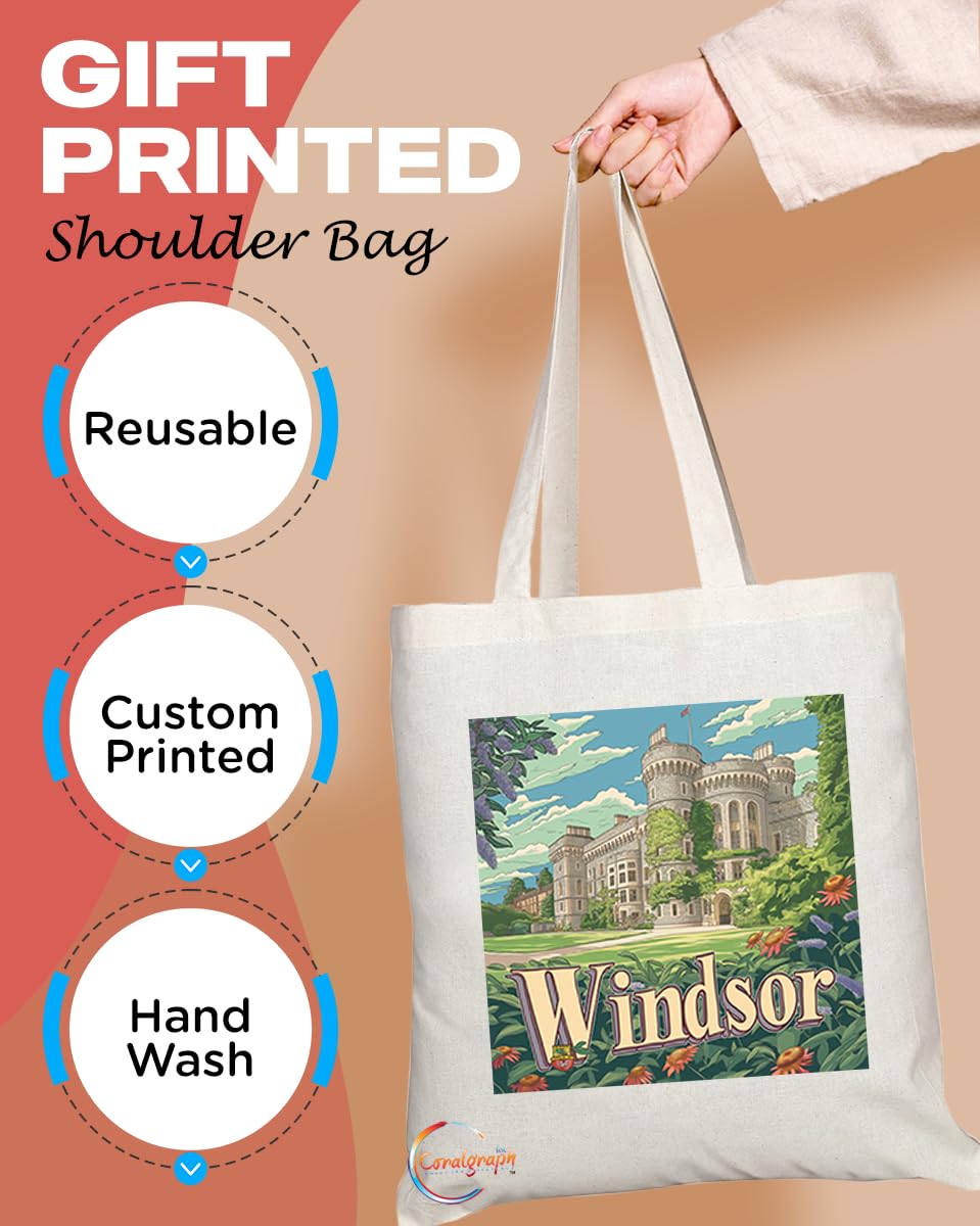 Natural Reusable Shopping Souvenir Tote Bag Featuring Cities and Landmarks in United Kingdom (Windsor)