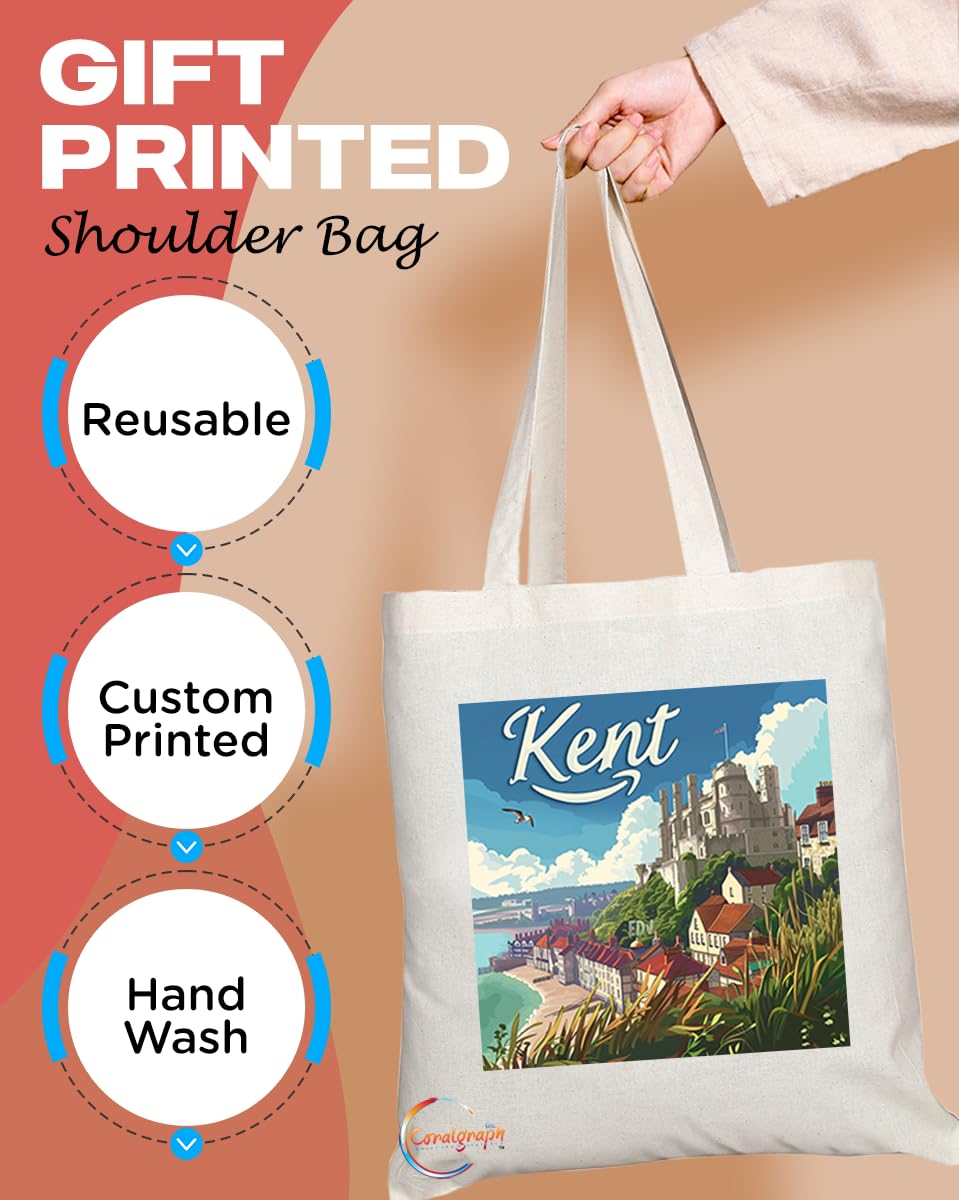Natural Reusable Shopping Souvenir Tote Bag Featuring Cities and Landmarks in United Kingdom (Kent)