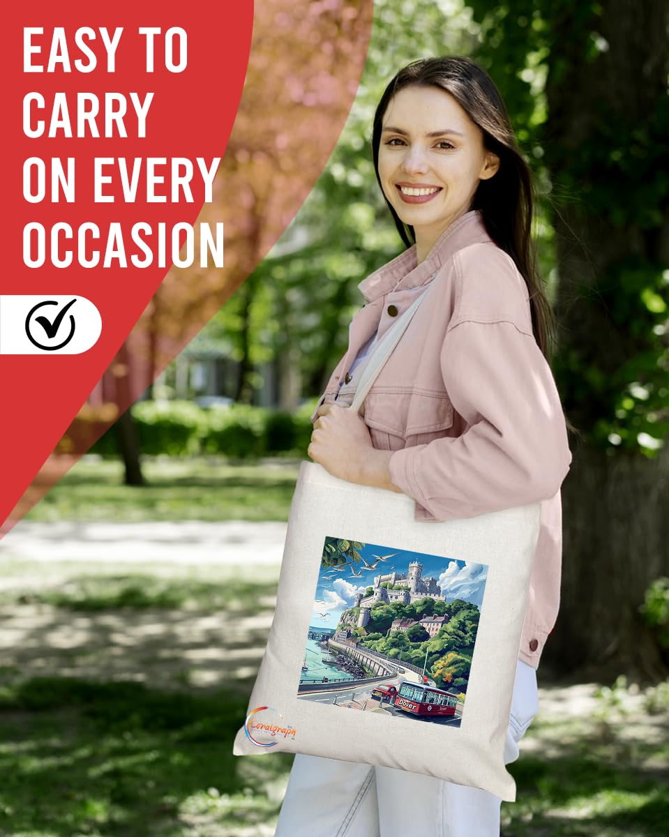 Natural Reusable Shopping Souvenir Tote Bag Featuring Cities and Landmarks in United Kingdom (Dover)