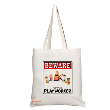 TB975 Beware of the Playworker Novelty Present Gift Printed Eco-Friendly Stylish Long Handled Tote Shoulder Bag
