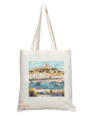 Natural Reusable Shopping Souvenir Tote Bag Featuring Popular Cities and Capitals from Europe and Around the World (Marseille)