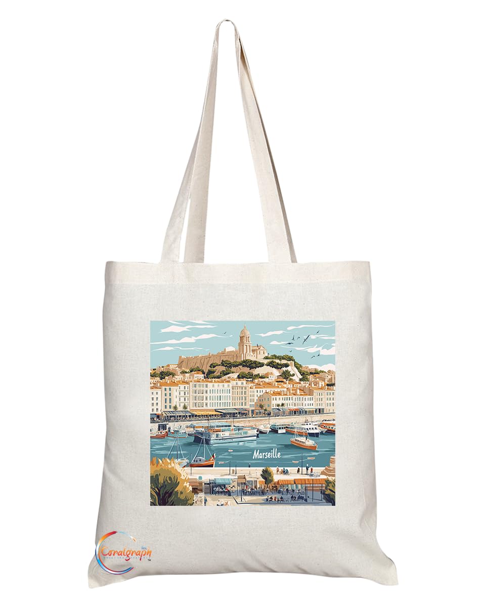 Natural Reusable Shopping Souvenir Tote Bag Featuring Popular Cities and Capitals from Europe and Around the World (Marseille)