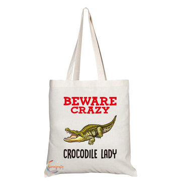 TB378 Beware Crazy Crocodile Lady Novelty Present Gift Printed Eco-Friendly Stylish Long Handled Tote Shoulder Bag