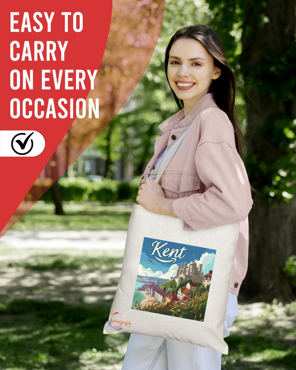 Natural Reusable Shopping Souvenir Tote Bag Featuring Cities and Landmarks in United Kingdom (Kent)