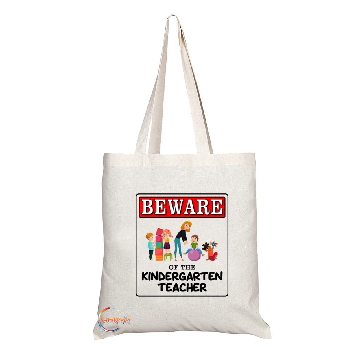 TB902A Beware of the Kindergarten Teacher Novelty Present Gift Printed Eco-Friendly Stylish Long Handled Tote Shoulder Bag