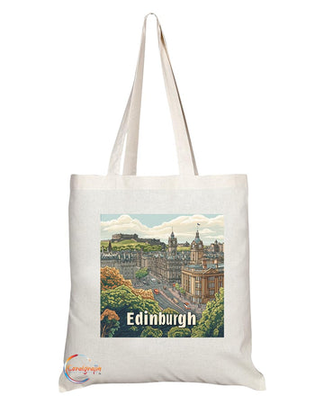 Natural Reusable Shopping Souvenir Tote Bag Featuring Popular Cities and Capitals from Europe and Around the World (Edinburgh)