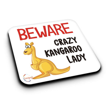 ER454 Beware Crazy Kangaroo Lady Novelty Present Gift Printed MDF Wooden Coaster