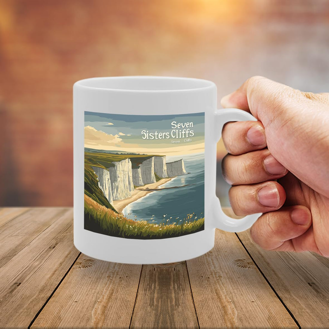Printed Coffee Ceramic  Featuring Cities And Landmarks In United Kingdom (Seven Sisters Cliffs) - Funny Printed Coffee Mug - Great Gift Idea